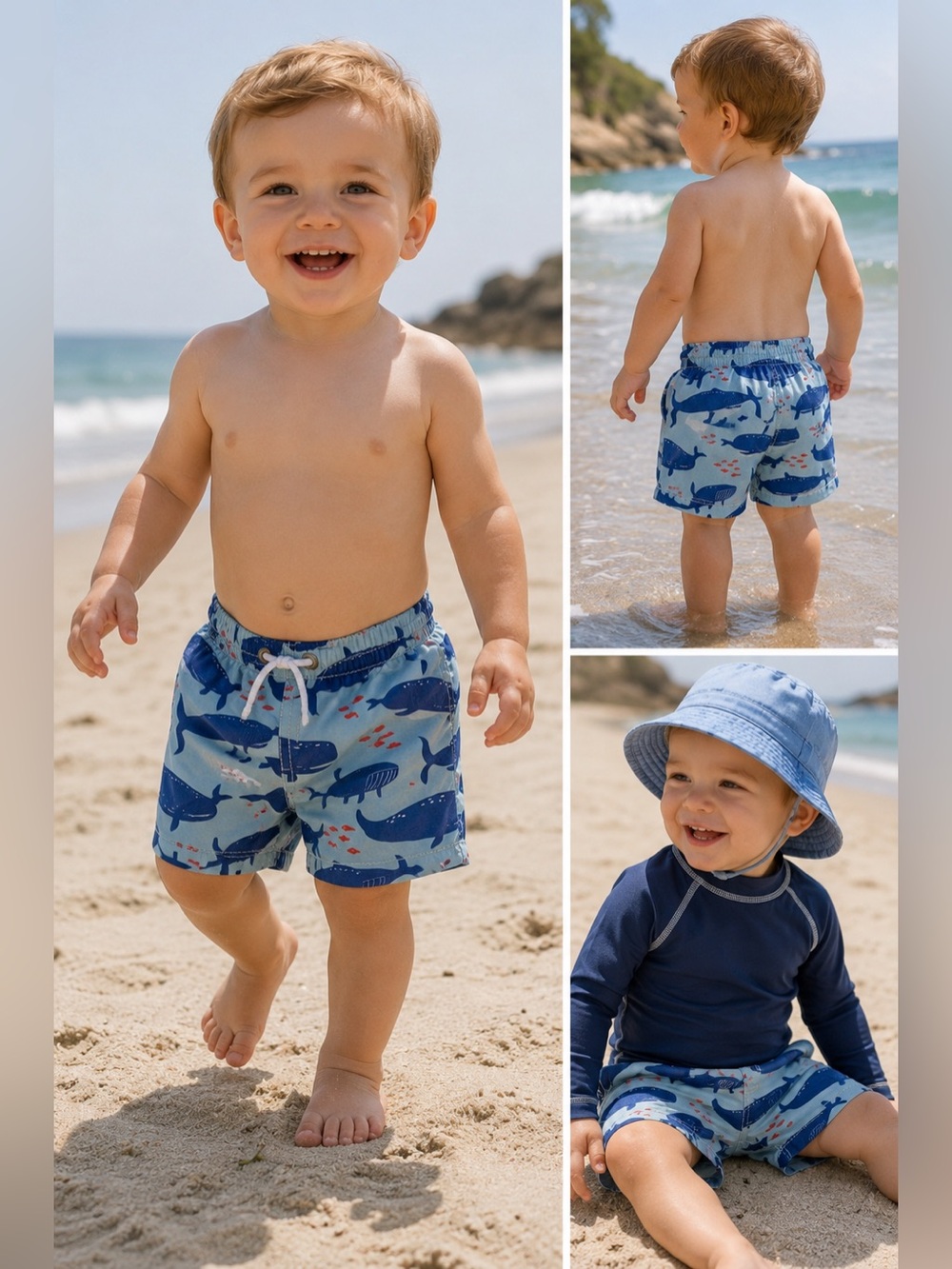 Baby Boden Whale Print Swim Trunks Shorts 12-18 Months Blue Ocean Drawstring